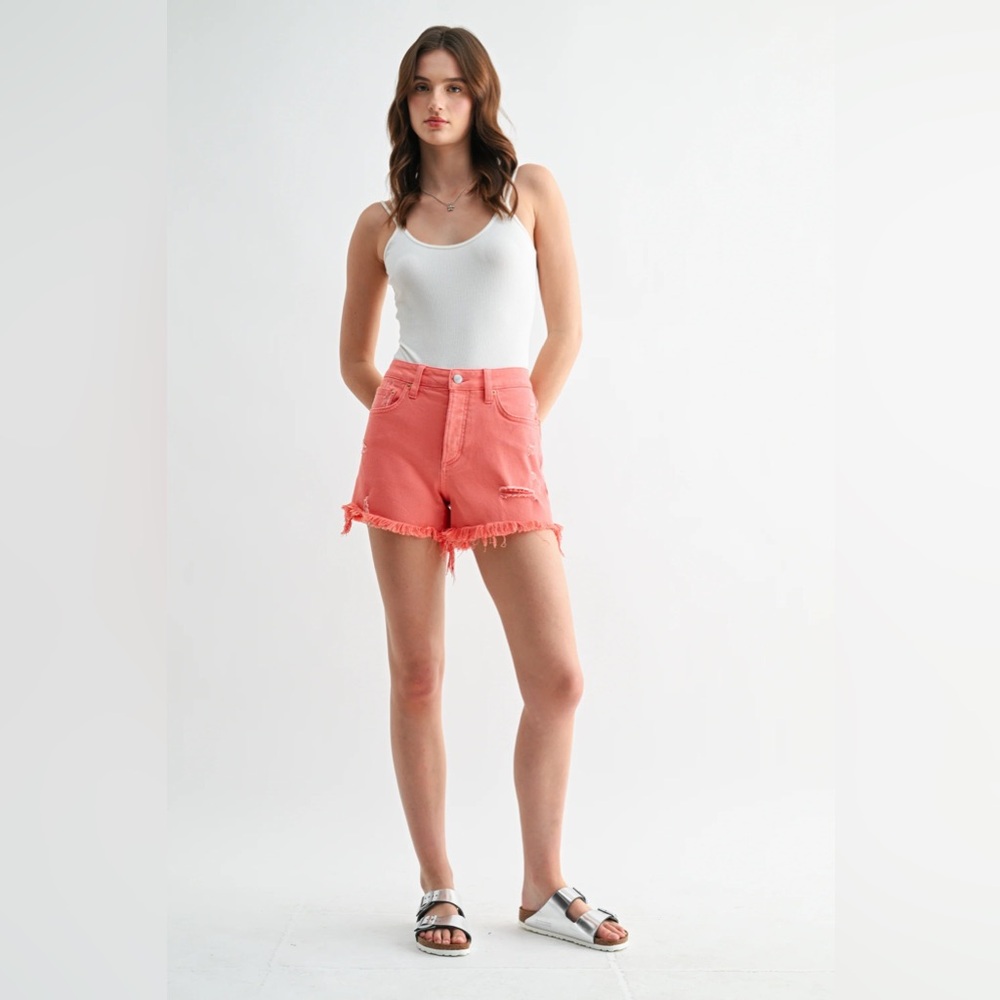 Wide Leg Distressed Boyfriend Midi Shorts - Mica